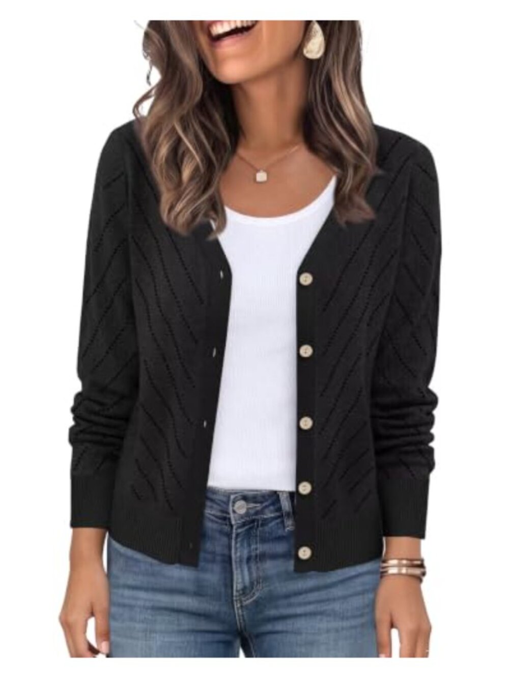 WIHOLL Women's Diagonal Hollow-Out Knit Cardigan V-Neck Long Sleeve Sweater